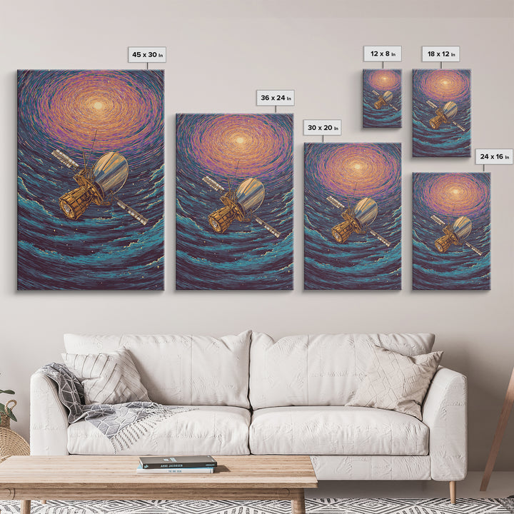 Golden Satellite In Starry Vortex Framed Canvas Print, Space Abstract Wall Art, Modern Sci Fi Poster, Cosmic Retro Decor