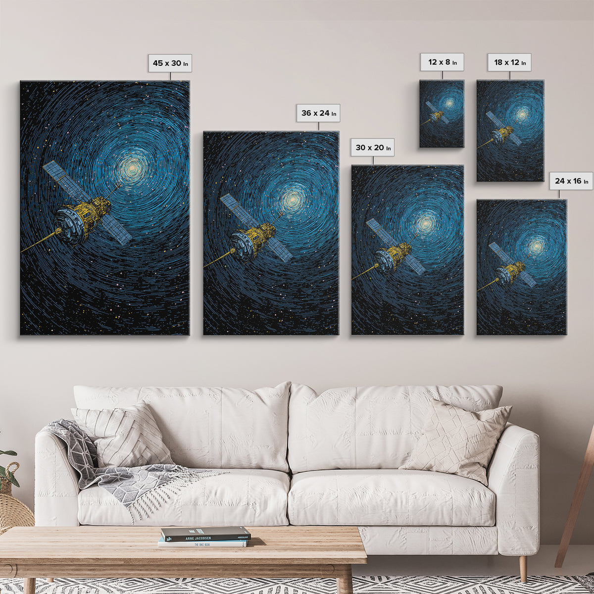 Blue Satellite Drifting Through Star Vortex Canvas Print, Modern Space Wall Art, Sci Fi Poster, Astronomy Office Decor Gift