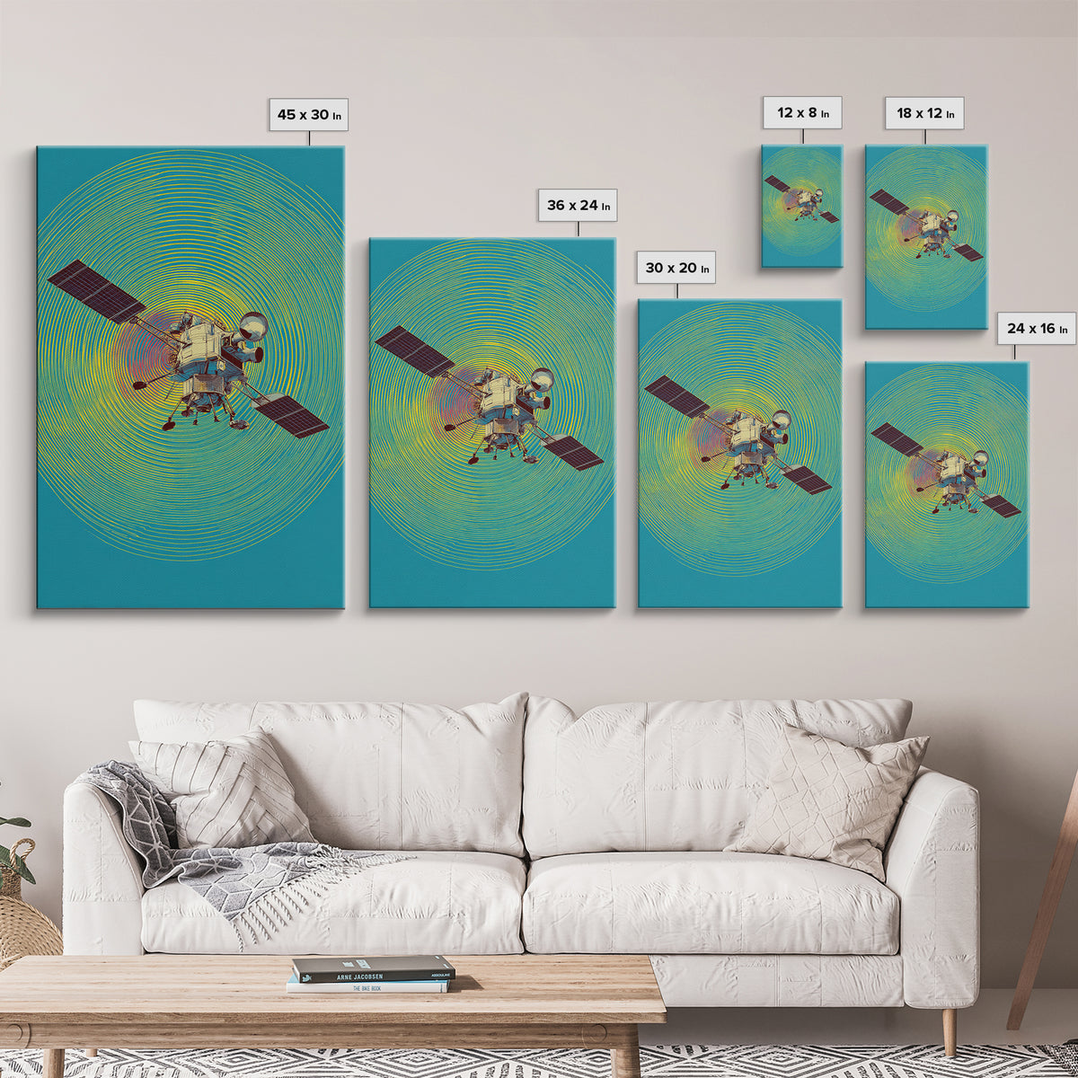 Lunar Probe With Neon Signal Waves Wall Art, Midcentury Modern Space Poster, Colorful Sci Fi Print, Retro Office Decor Gift