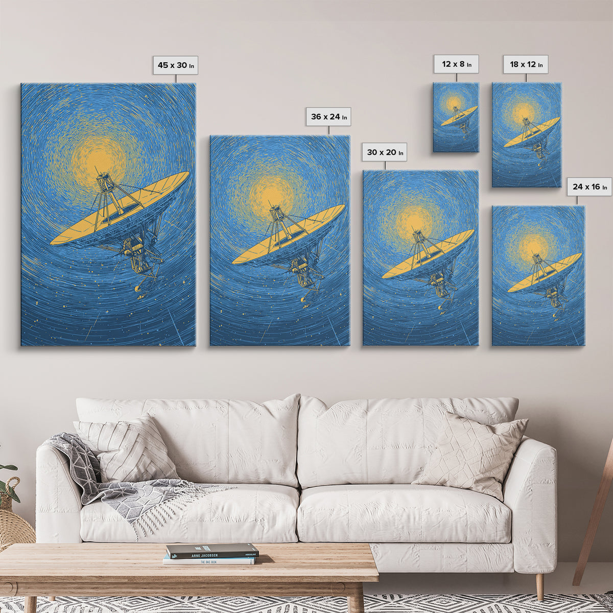 Radio Telescope Beneath Swirling Sun Canvas Print, Modern Space Wall Art, Astronomy Poster, Blue Midcentury Decor Gift Idea