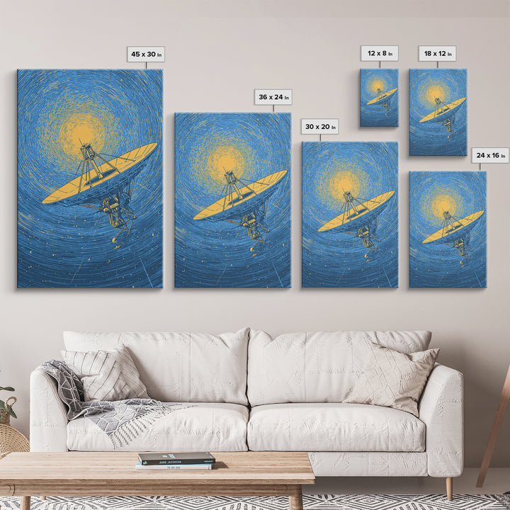 Radio Telescope Beneath Swirling Sun Canvas Print, Modern Space Wall Art, Astronomy Poster, Blue Midcentury Decor Gift Idea