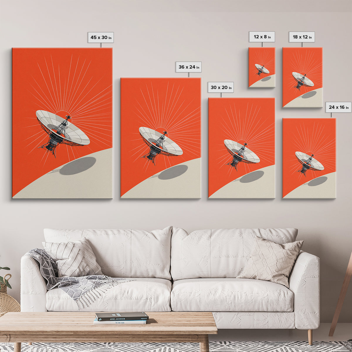 Satellite Dish Over Orange Planet Framed Canvas Print, Retro Space Wall Art, Modern Sci Fi Poster, Bold Office Decor Gift