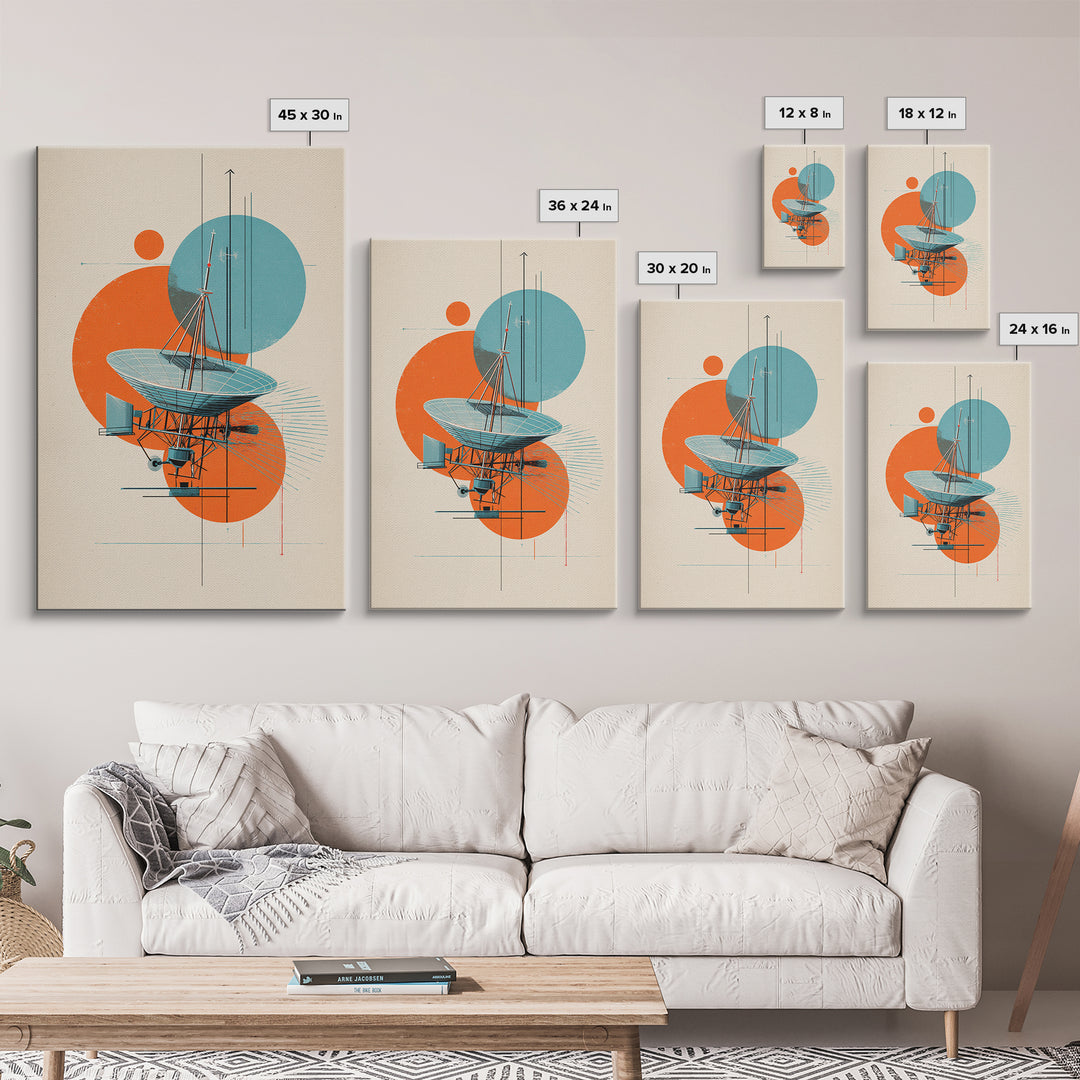 Abstract Radio Telescope With Orange Teal Circles Wall Art, Bauhaus Midcentury Modern Poster, Geometric Office Decor Print