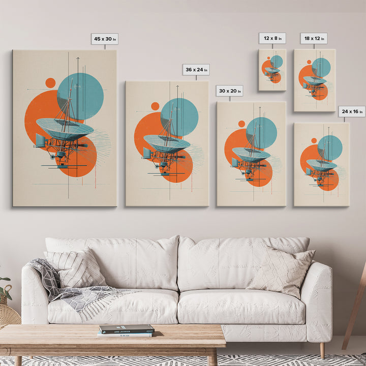 Abstract Radio Telescope With Orange Teal Circles Wall Art, Bauhaus Midcentury Modern Poster, Geometric Office Decor Print