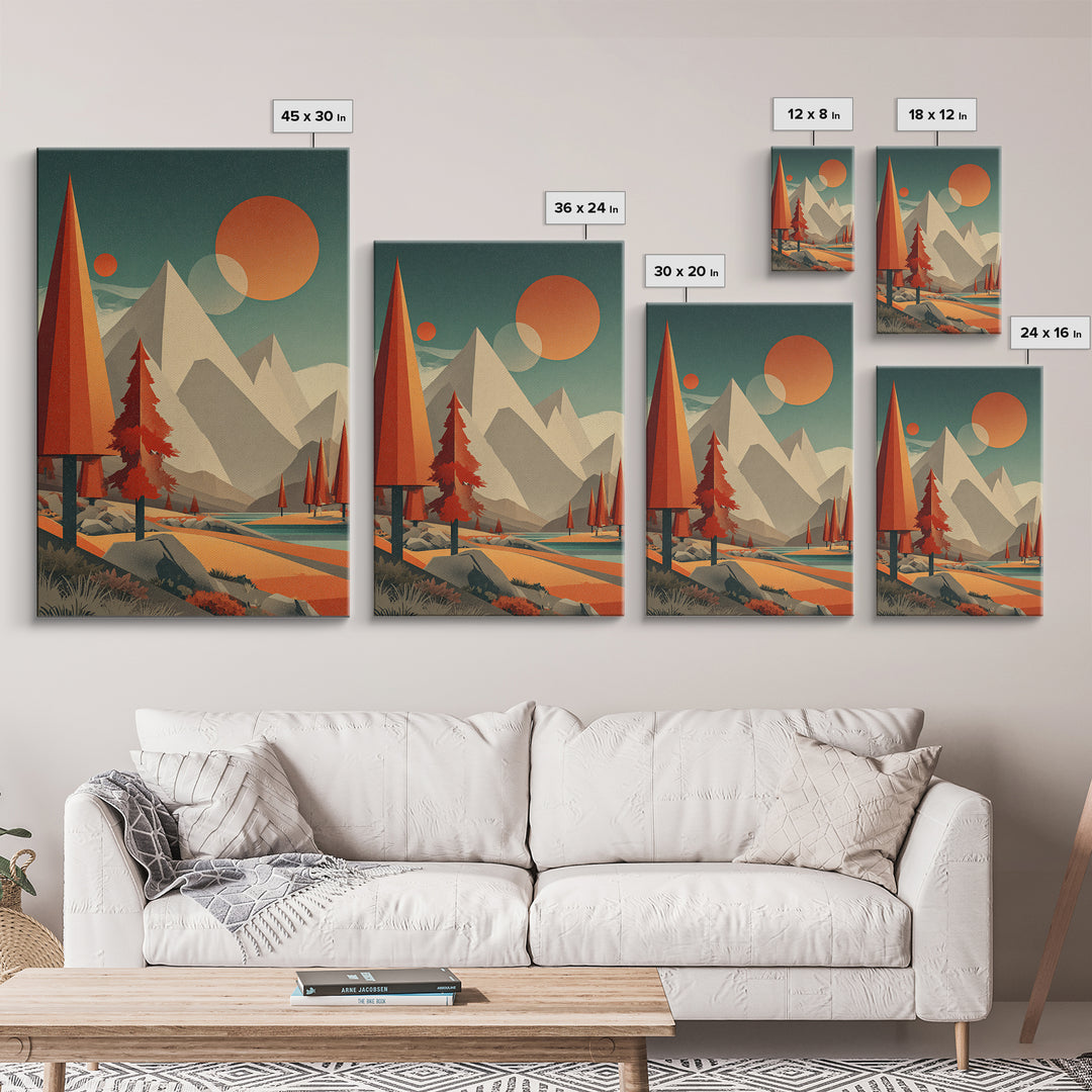 Pyramid Peaks And Orange Suns Framed Canvas Print, Midcentury Modern Alpine Landscape, Retro Mountain Lake Wall Decor For Cabin Living Room