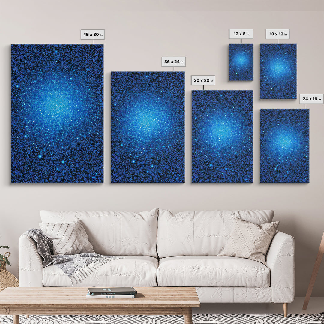 Blue Data Star Field And Cosmic Glyphs Canvas Print, Modern Abstract Wall Art, Futuristic Space Poster, Office Decor Gift