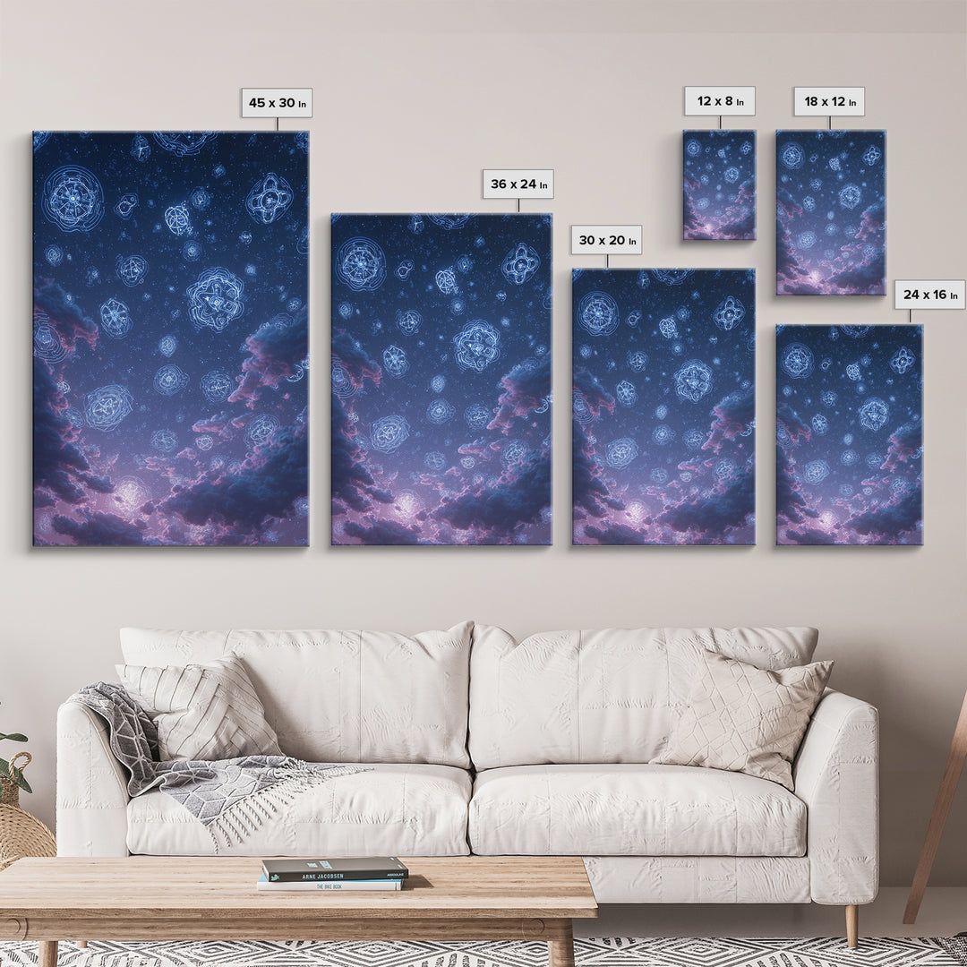 Glowing Celestial Glyphs In Starry Clouds Wall Art, Mystical Space Abstract Poster, Modern Wall Decor, Blue Cosmic Art Print