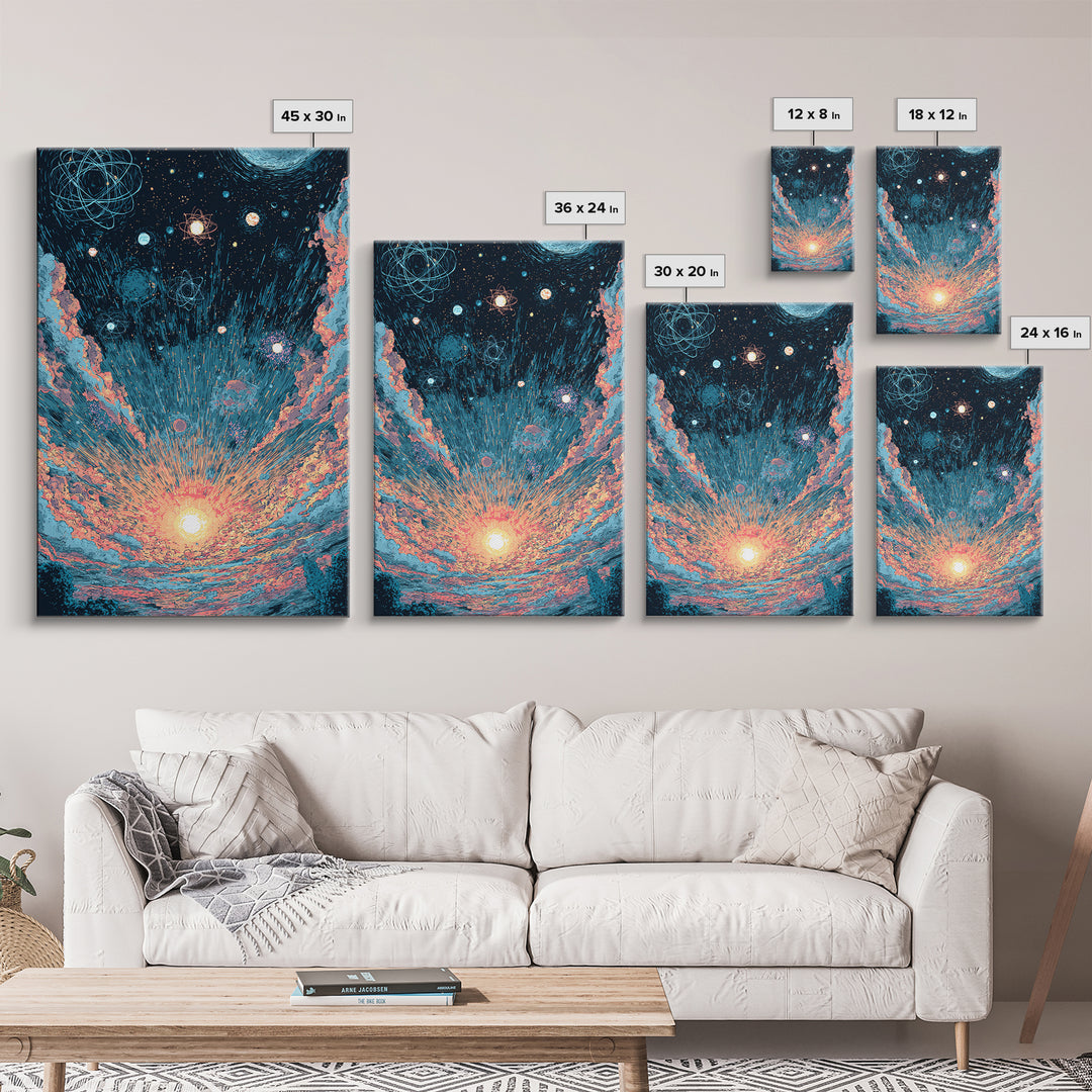 Retro Space Sunrise With Planets And Atoms Canvas Print, Midcentury Modern Art, Atomic Poster, Colorful Wall Decor, Retro Art Print