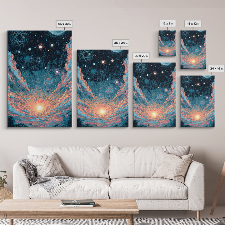Retro Space Sunrise With Planets And Atoms Canvas Print, Midcentury Modern Art, Atomic Poster, Colorful Wall Decor, Retro Art Print