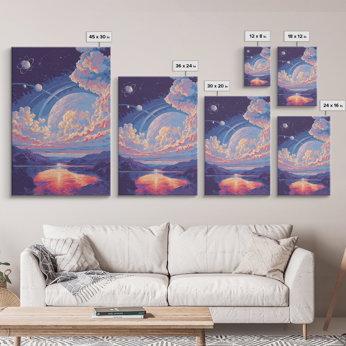 Pastel Planet Lake Under Ringed Sky Framed Canvas Print, Sci Fi Landscape Wall Art, Modern Digital Art, Dreamy Room Decor