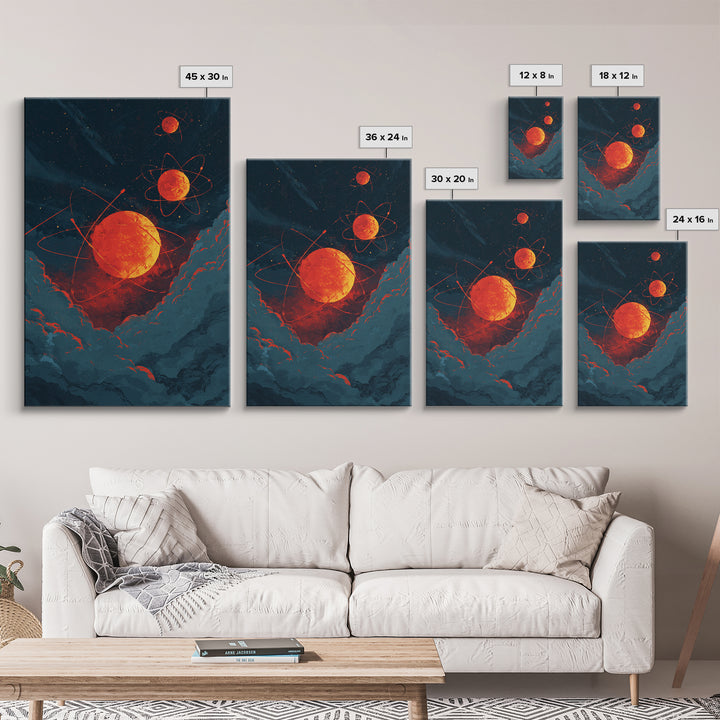 Fiery Red Atomic Planets In Dark Clouds Wall Art, Retro Sci Fi Poster, Modern Abstract Art, Orange Black Space Decor, Mcm Wall Art