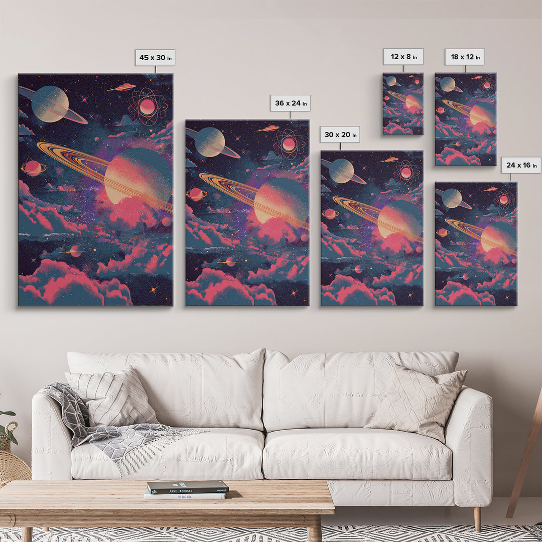 Neon Saturn Planets Above Pink Clouds Framed Canvas Print, Retro Space Poster, Modern Wall Art, Cosmic Home Decor, 70s Art Print