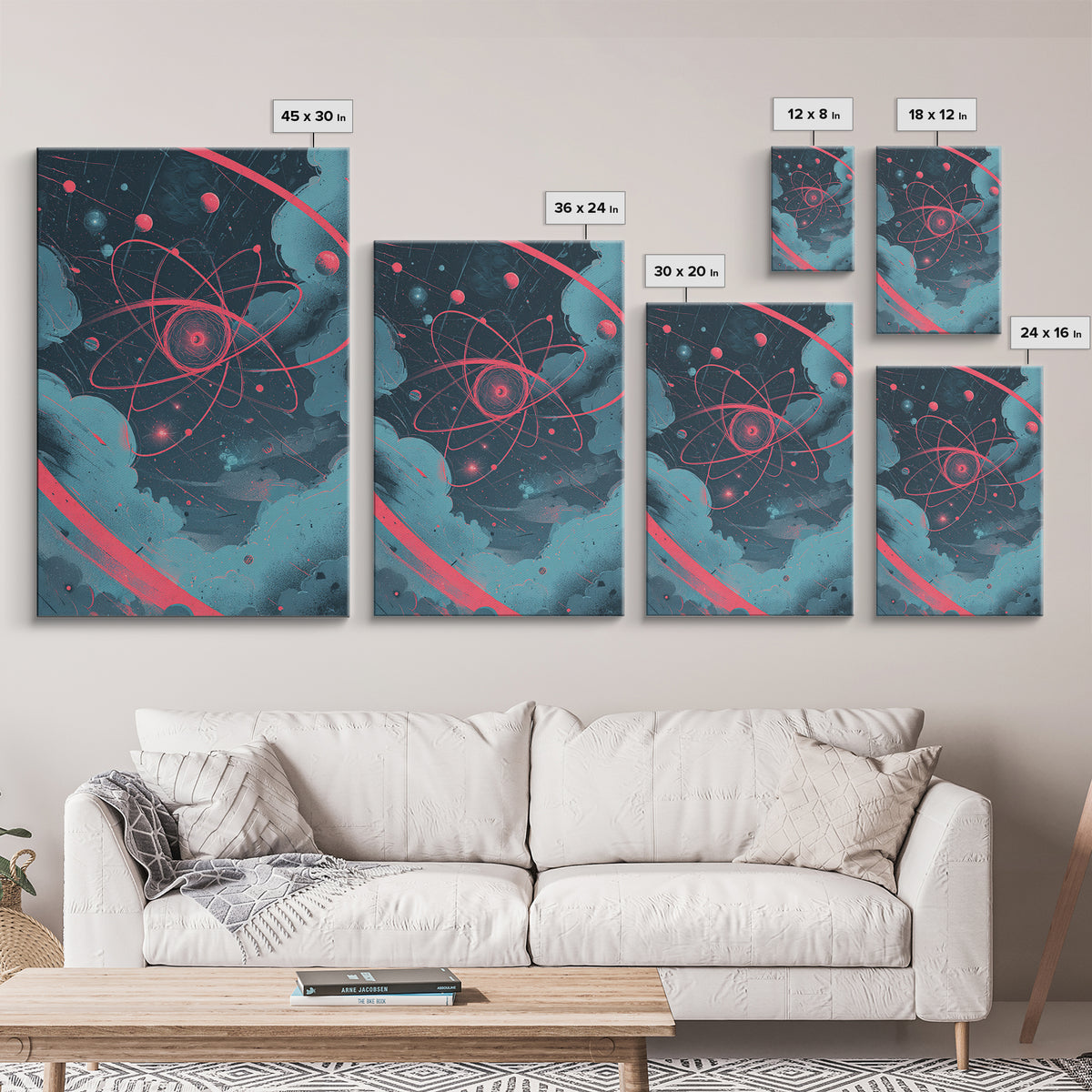 Neon Pink Atom Orbit In Teal Space Canvas Print, Atomic Retro Poster, Modern Abstract Art, Geometric Wall Decor, Mcm Artwork