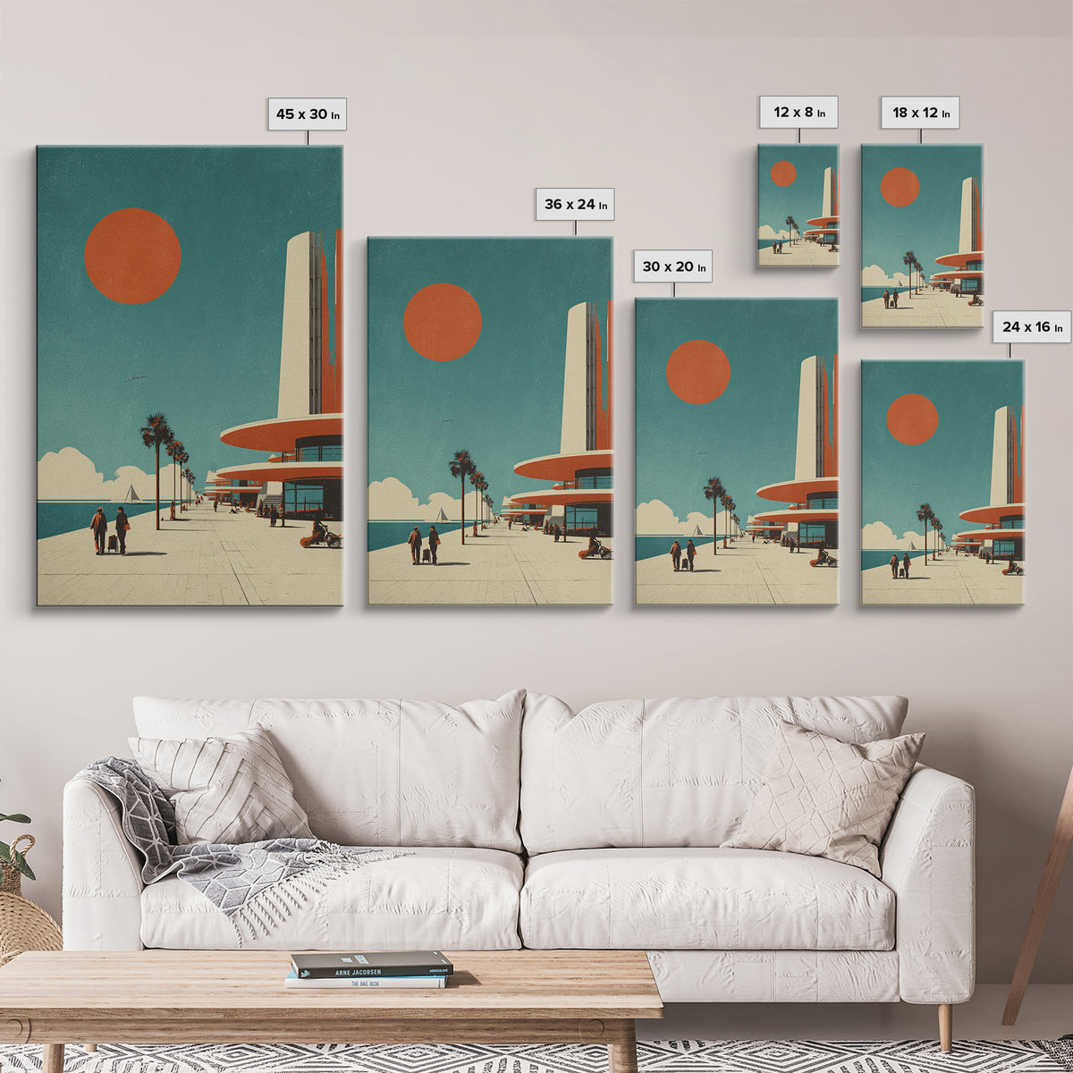 Midcentury Seaside Promenade With Orange Sun Framed Canvas Print, Palm Springs Art, Retro Travel Poster, Modern Wall Decor