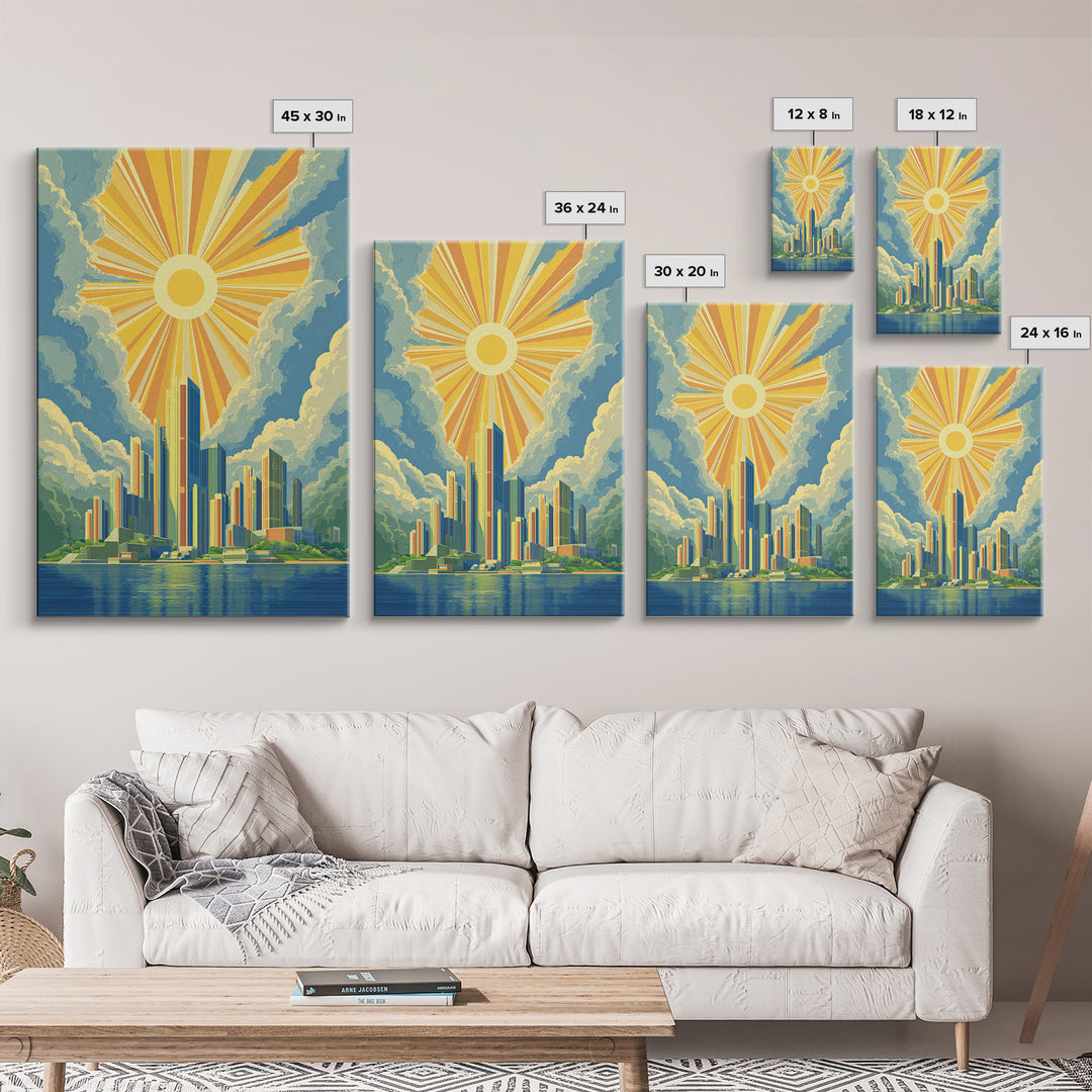 Radiant Futuristic City Sunrise Wall Art, Midcentury Modern Art Print, Retro Skyline Poster, MCM Wall Decor, Living Room Decor