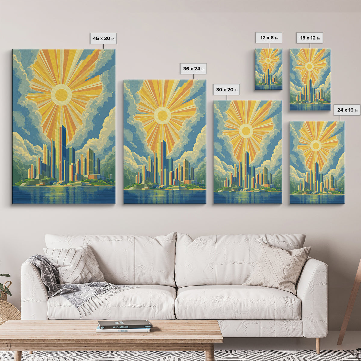 Radiant Futuristic City Sunrise Wall Art, Midcentury Modern Art Print, Retro Skyline Poster, MCM Wall Decor, Living Room Decor