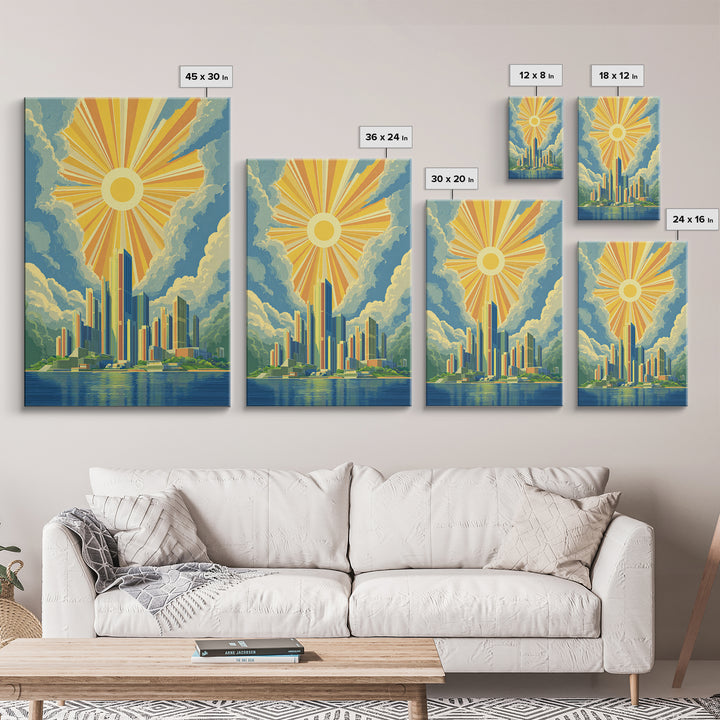 Radiant Futuristic City Sunrise Wall Art, Midcentury Modern Art Print, Retro Skyline Poster, MCM Wall Decor, Living Room Decor