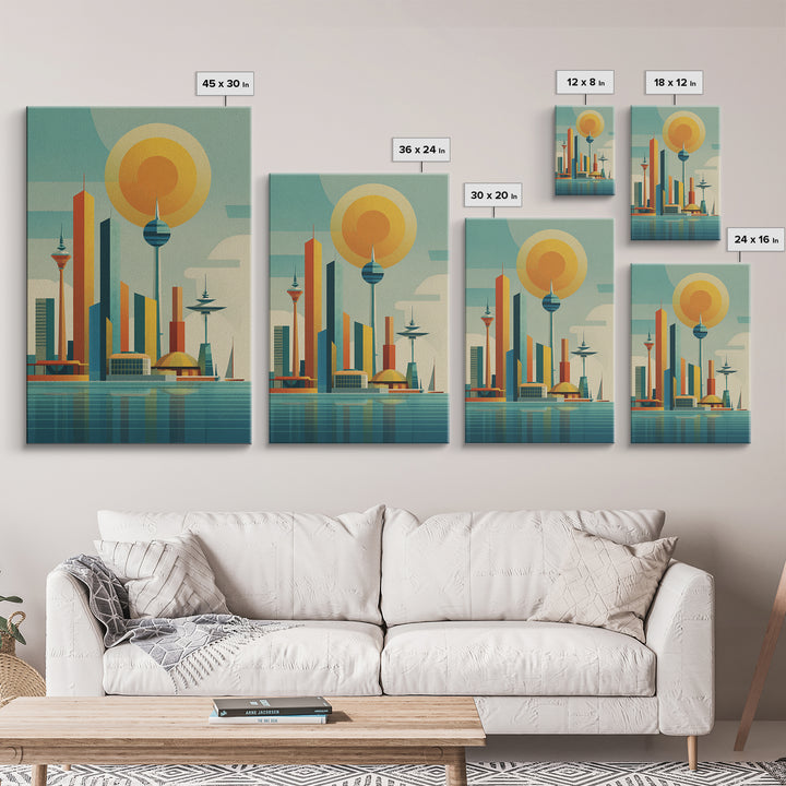 Retro Futuristic Skyline With Orb Sun Canvas Print, Midcentury Modern Wall Art, Atomic City Poster, MCM Decor, Office Wall Decor