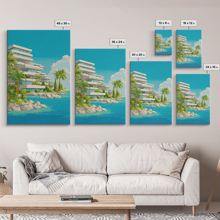 Tropical Modernist Coastal Resort Wall Art, Midcentury Modern Art Print, Palm Tree Ocean Poster, Beach House Decor, Living Room Decor