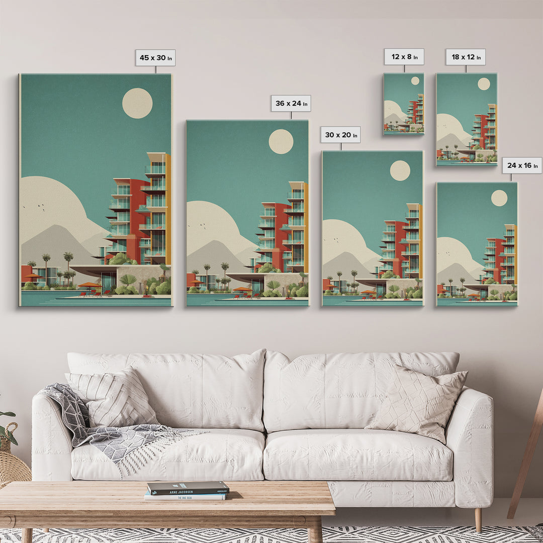 Desert Modern Resort With Moon Framed Canvas Print, Midcentury Modern Wall Art, Palm Springs Poster, Southwestern Home Decor