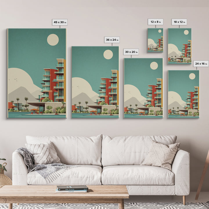 Desert Modern Resort With Moon Framed Canvas Print, Midcentury Modern Wall Art, Palm Springs Poster, Southwestern Home Decor