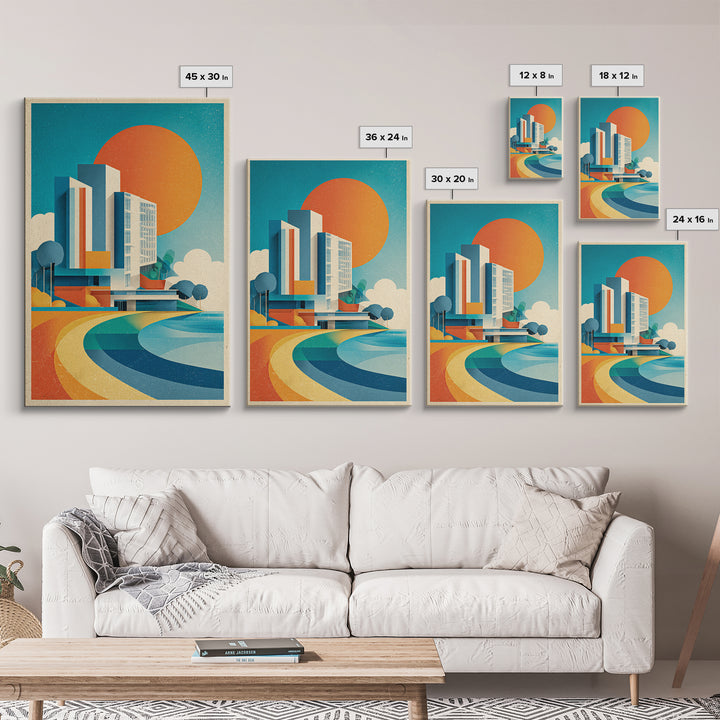 Geometric Modern Building Sunrise Canvas Print, Midcentury Modern Wall Art, Color Block Poster, Bright Abstract Home Decor