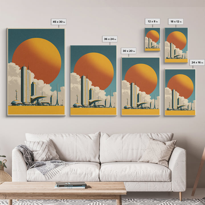 Futuristic City Under Orange Sun Framed Canvas Print, Midcentury Modern Wall Art, Retro Sci Fi Poster, Living Room Decor