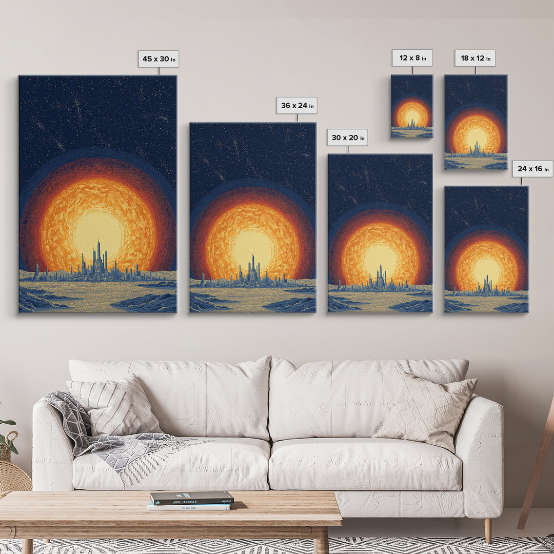 Blazing Solar City At Night Wall Art, Futuristic Midcentury Modern Art Print, Cosmic Retro Poster, Sci Fi Wall Decor, Office Decor