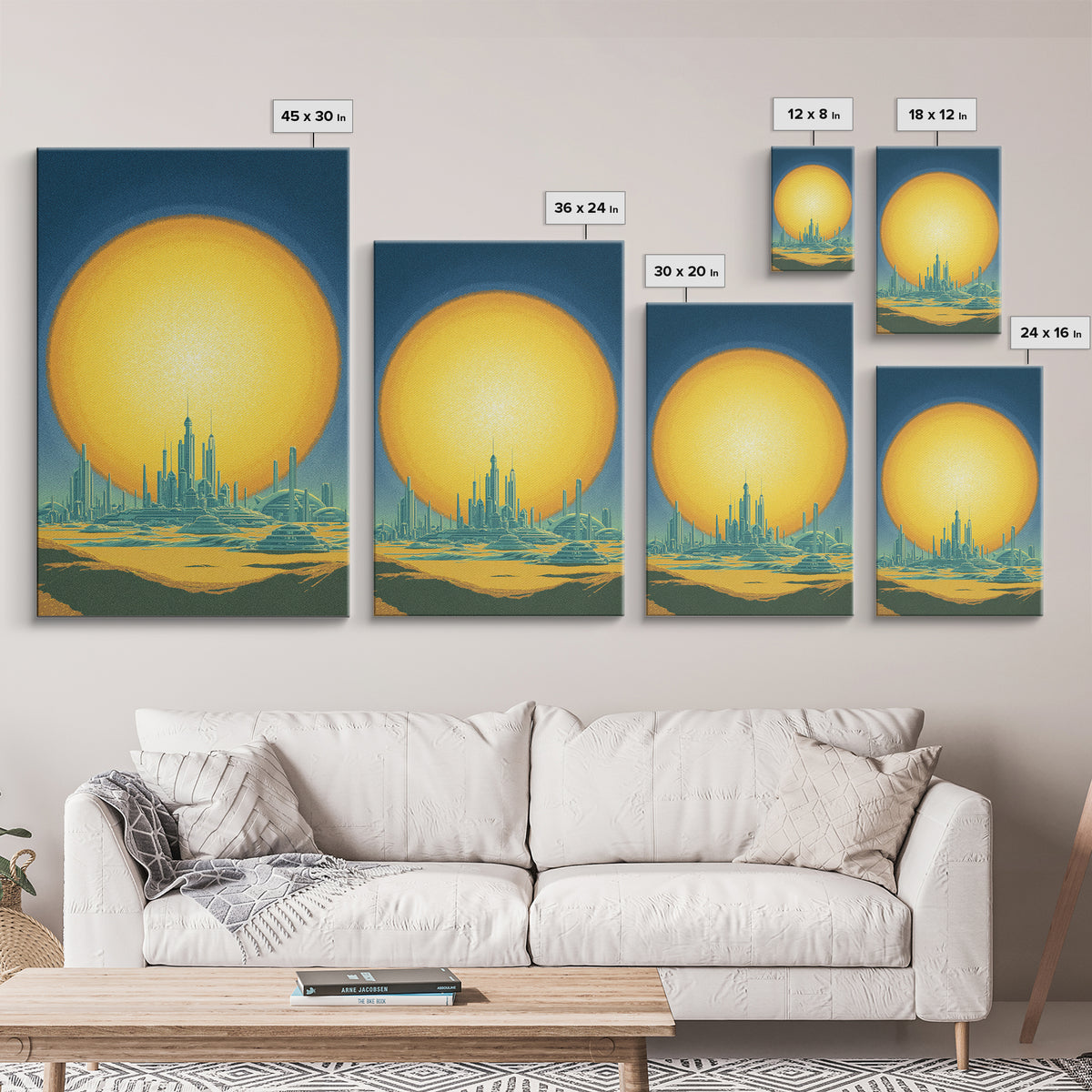 Golden Sun Futuristic Desert Skyline Canvas Print, Midcentury Modern Wall Art, Retro Sci Fi Poster, Modern Living Room Decor