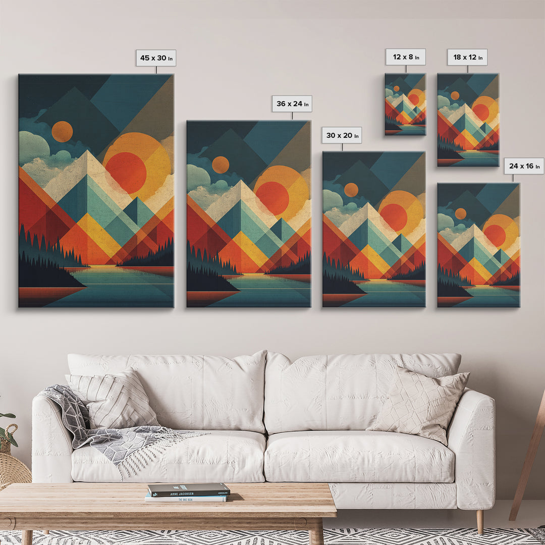 Geometric Mountain Lake Wall Art, Midcentury Modern Abstract Landscape Print, Orange Sun MCM Poster For Living Room Home Decor