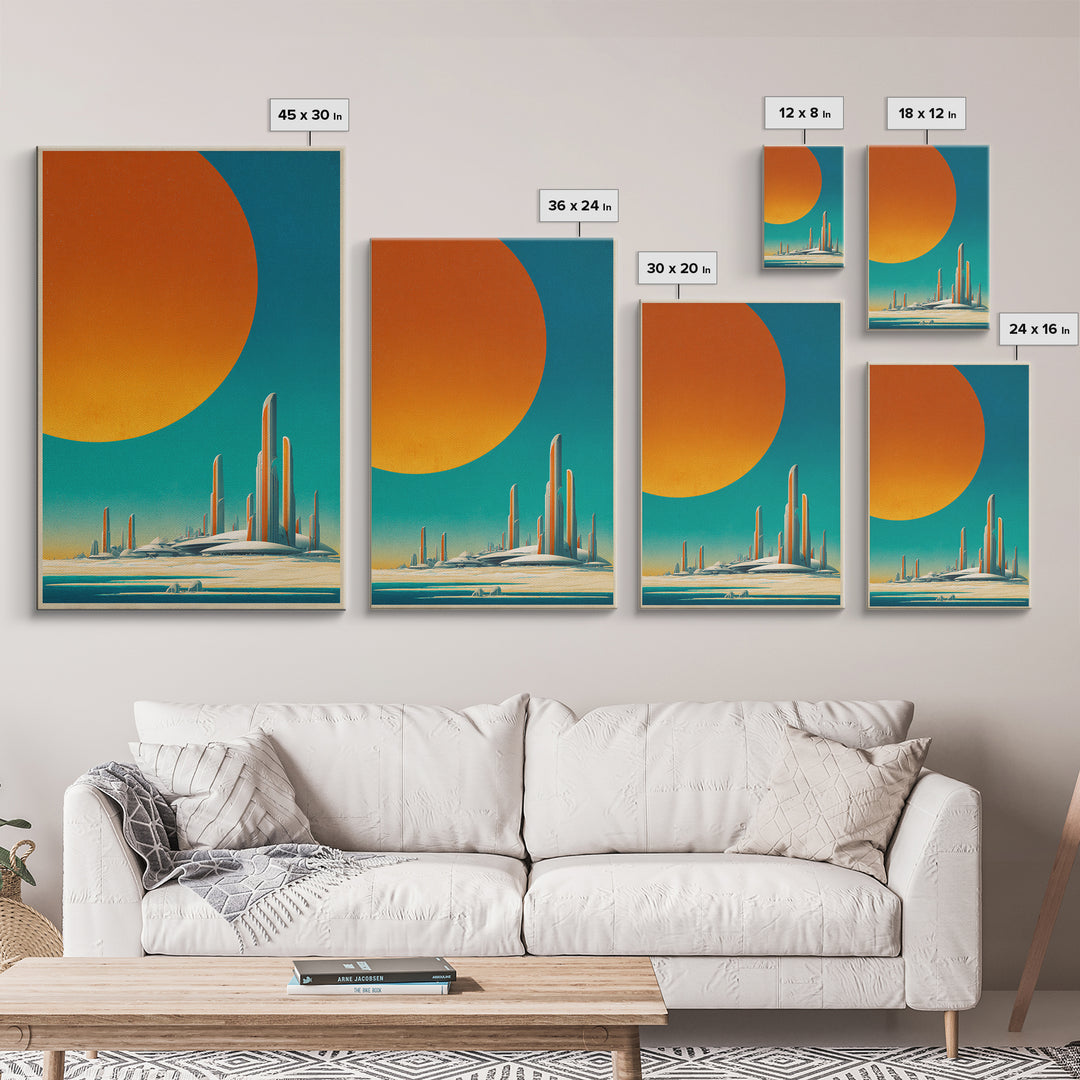 Minimalist Future Towers With Giant Sun Wall Art, Midcentury Modern Art Print, Retro Sci Fi Poster, Abstract Desert Decor