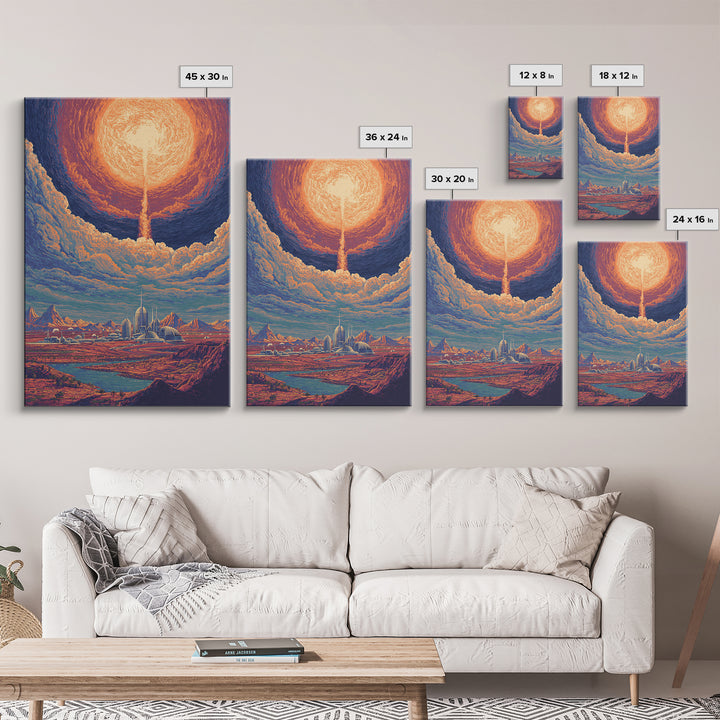 Radiant Solar City And Desert Canyon Wall Art, Retro Sci Fi Landscape Poster, Midcentury Modern Decor, Futuristic Art Print