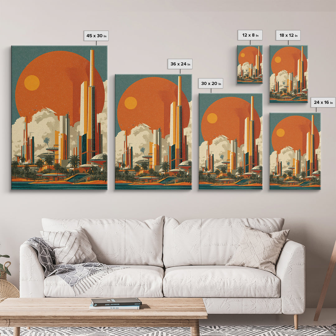 Orange Sun Futuristic Palm City Canvas Print, Retro Travel Poster, Midcentury Modern Wall Decor, Palm Springs Style Art Print