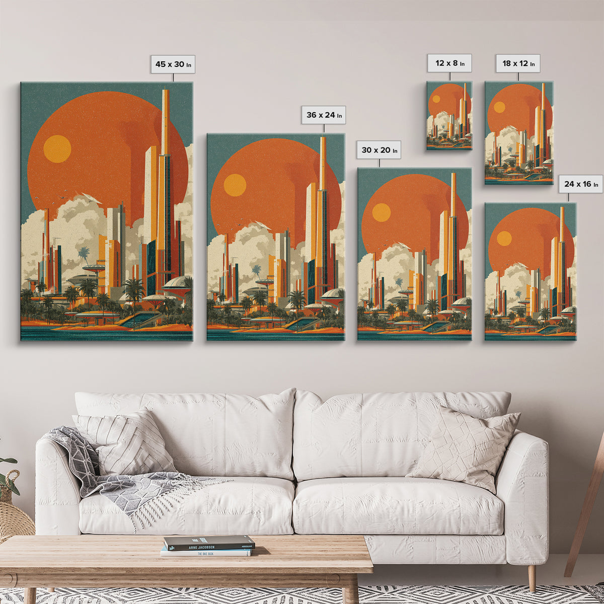 Orange Sun Futuristic Palm City Canvas Print, Retro Travel Poster, Midcentury Modern Wall Decor, Palm Springs Style Art Print