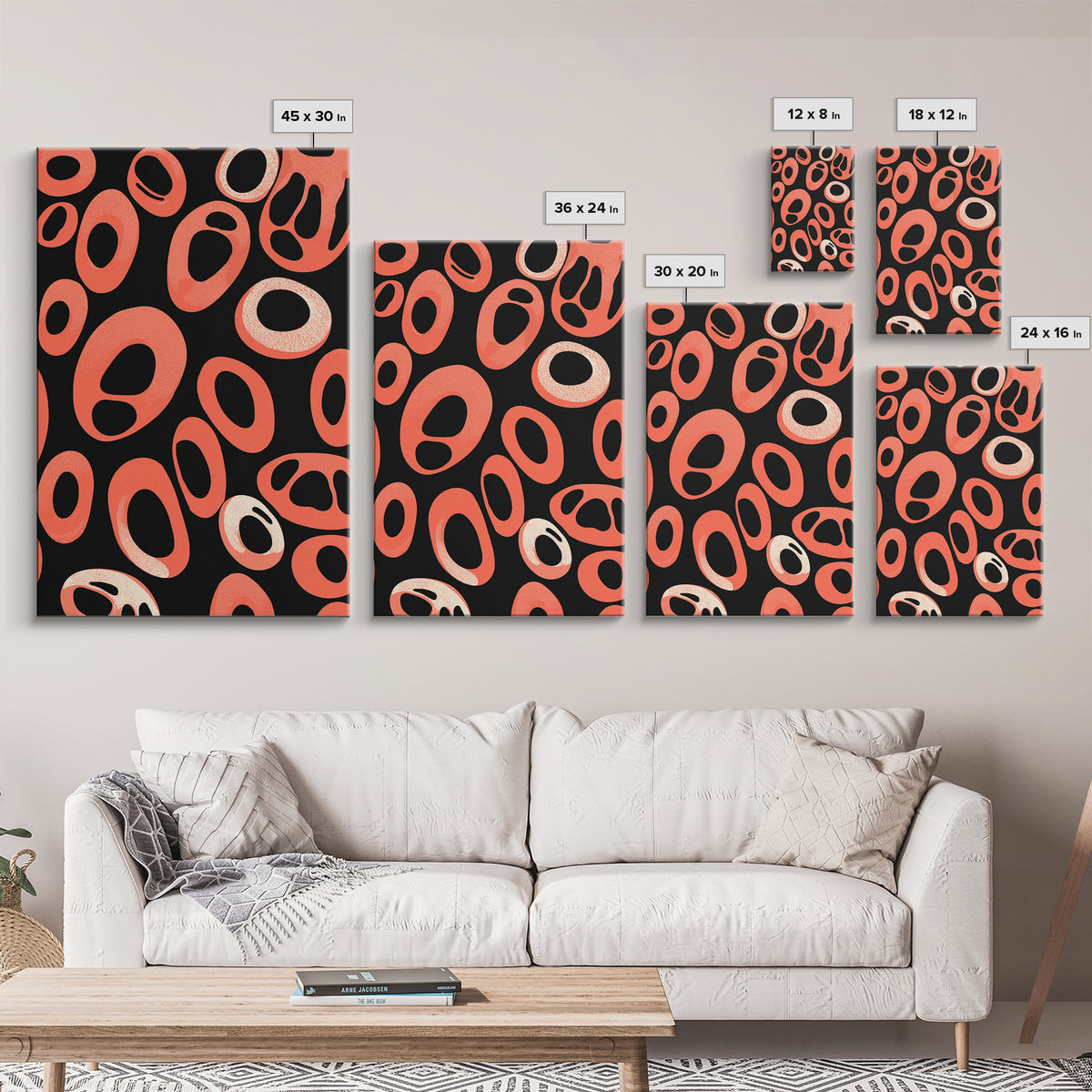 Coral Oval Rings On Black Canvas Print, Bold Retro Abstract Poster, Midcentury Modern Decor, Orange Geometric Wall Art Print
