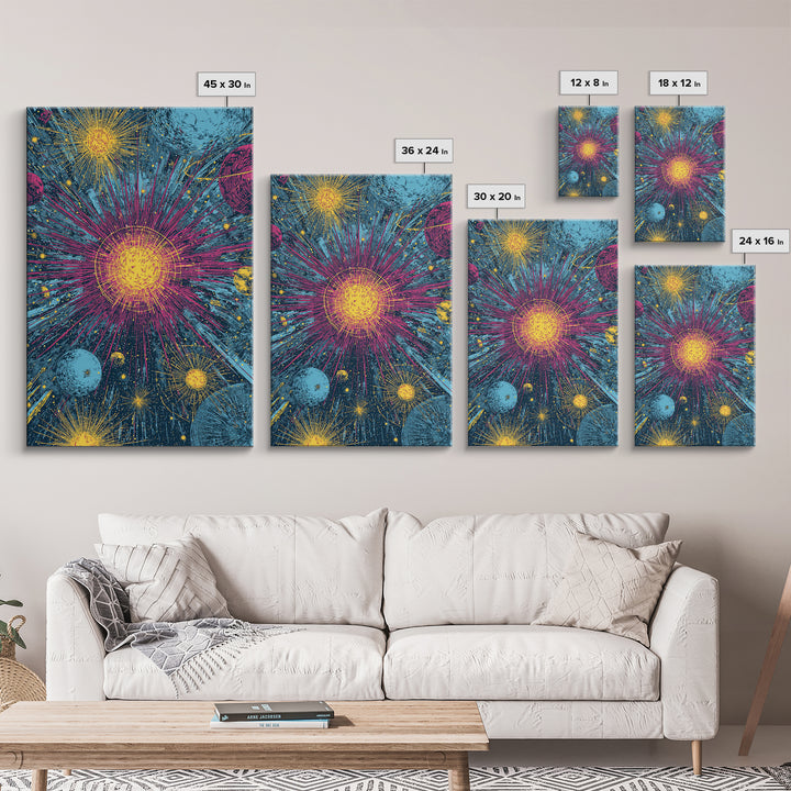 Exploding Stars And Planets Wall Art, Colorful Cosmic Retro Poster, Space Abstract Art, Midcentury Modern Decor Print Gift
