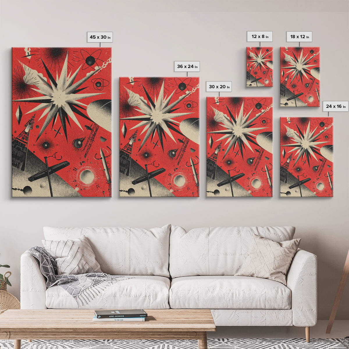Red Atomic Starburst Space Scene Canvas Print, Retro Sci Fi Poster, Midcentury Modern Wall Decor, Futuristic Art Print Gift