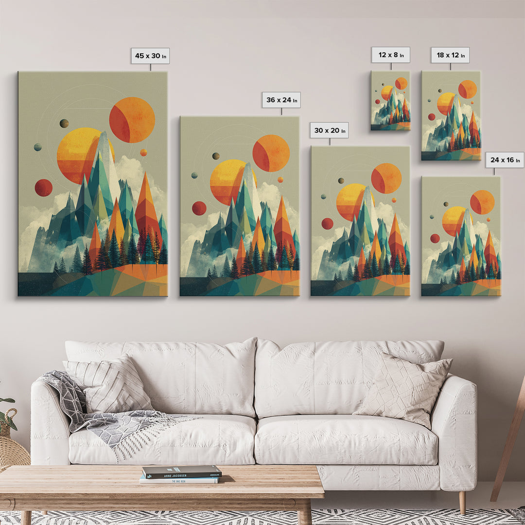 Planets Over Crystal Peaks Canvas Print, Midcentury Modern Space Mountain Wall Art, Retro Geometric MCM Decor For Living Room