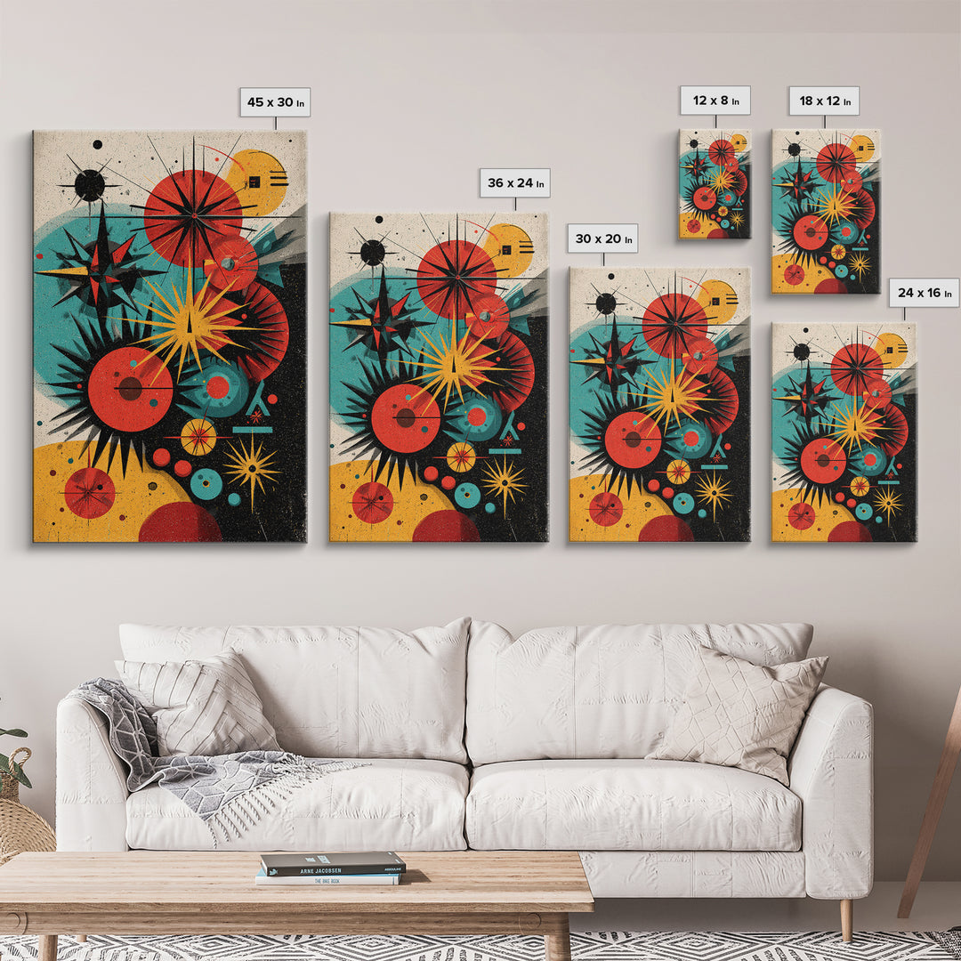 Atomic Circles And Starbursts Framed Canvas Print, Midcentury Modern Abstract Poster, Bauhaus Geometric Wall Art Decor Print