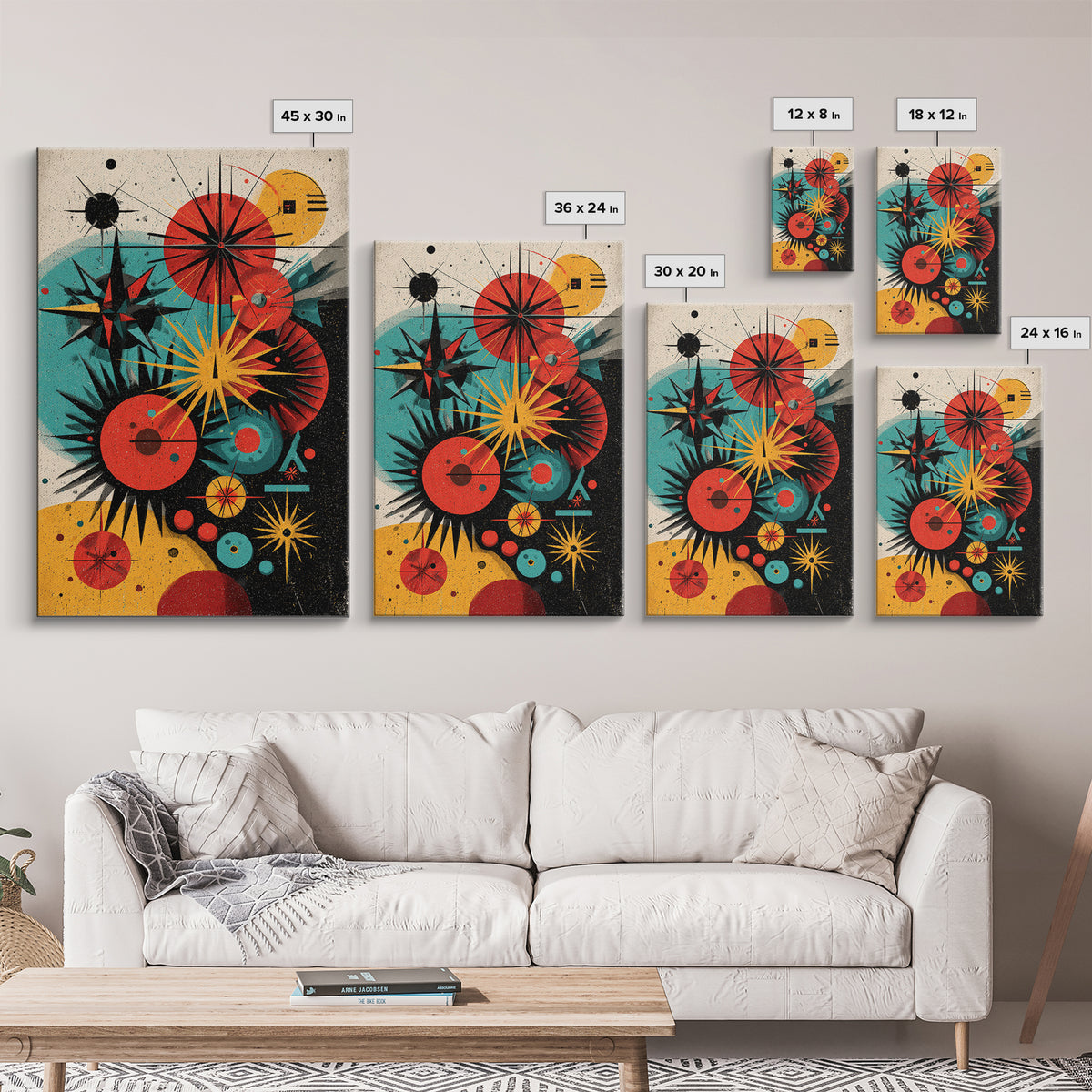 Atomic Circles And Starbursts Framed Canvas Print, Midcentury Modern Abstract Poster, Bauhaus Geometric Wall Art Decor Print