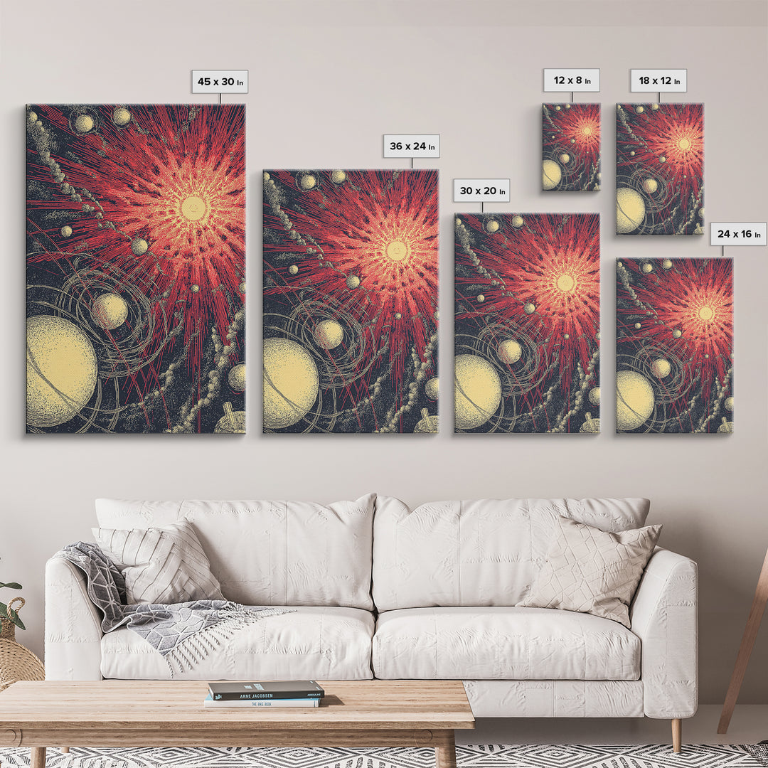 Red Cosmic Sunburst With Orbiting Planets Wall Art, Midcentury Modern Art, Retro Space Poster, Atomic Abstract Decor Prints