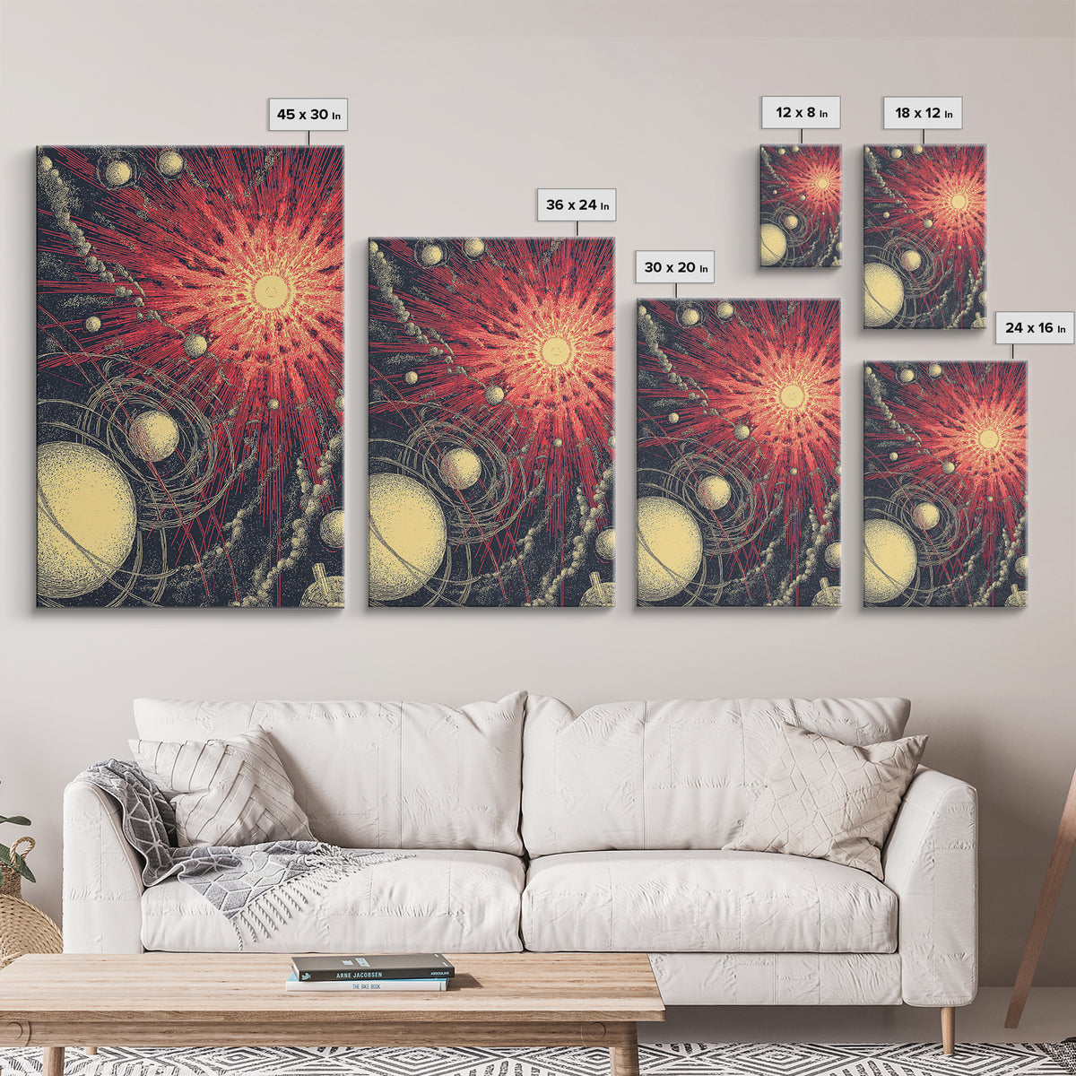 Red Cosmic Sunburst With Orbiting Planets Wall Art, Midcentury Modern Art, Retro Space Poster, Atomic Abstract Decor Prints