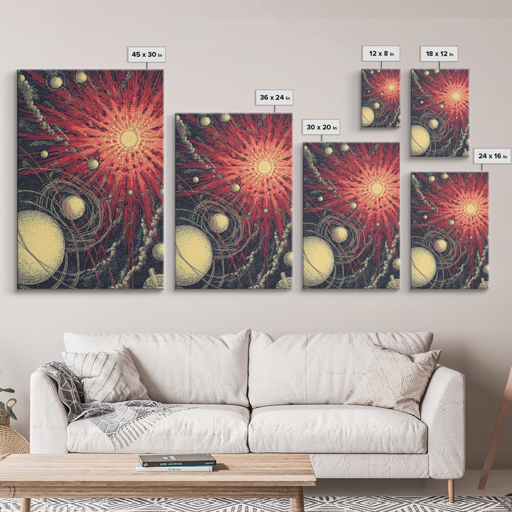 Red Cosmic Sunburst With Orbiting Planets Wall Art, Midcentury Modern Art, Retro Space Poster, Atomic Abstract Decor Prints