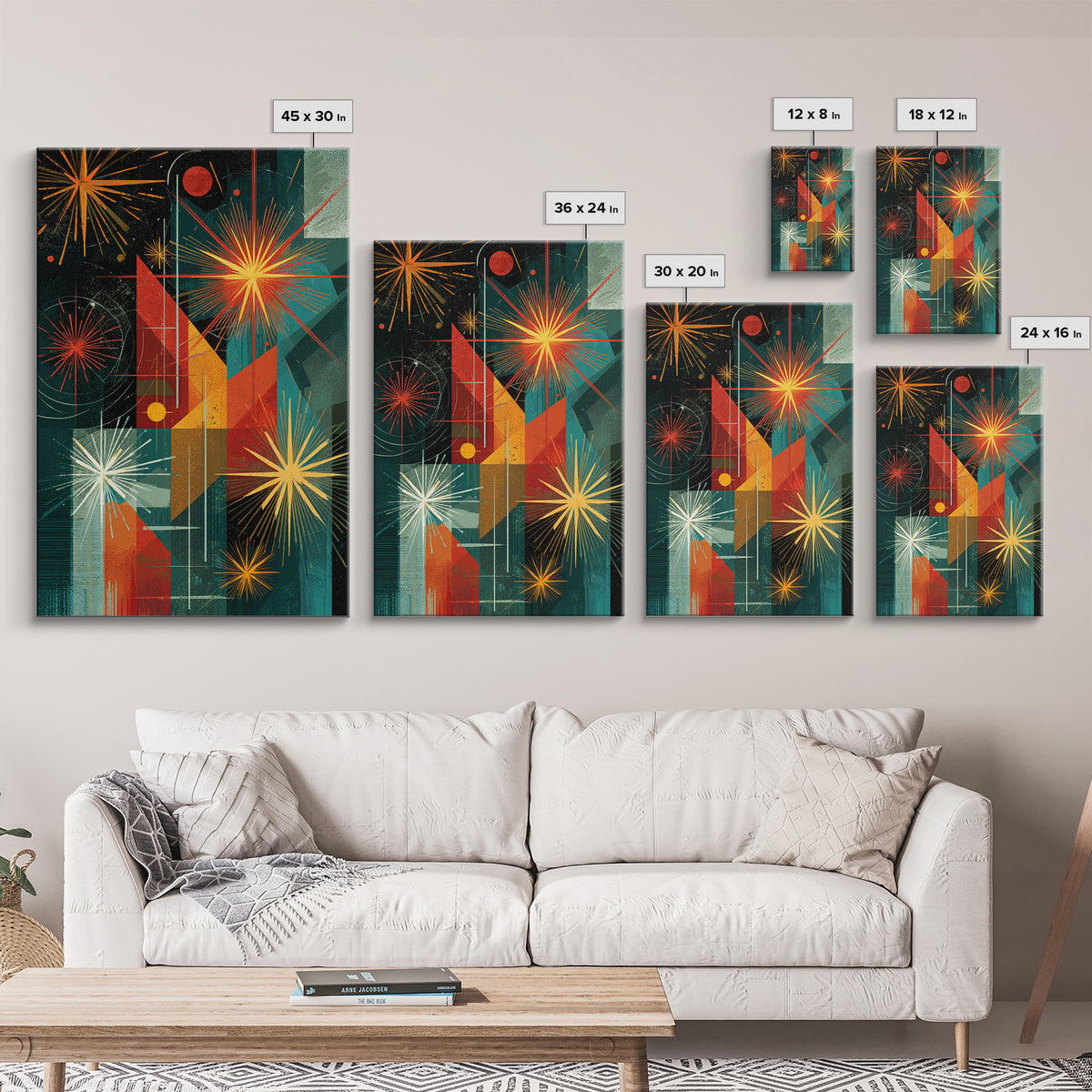 Teal Orange Geometric Fireworks Wall Art, Midcentury Modern Art, Atomic Retro Decor, Bold MCM Wall Decor Poster Print Gift