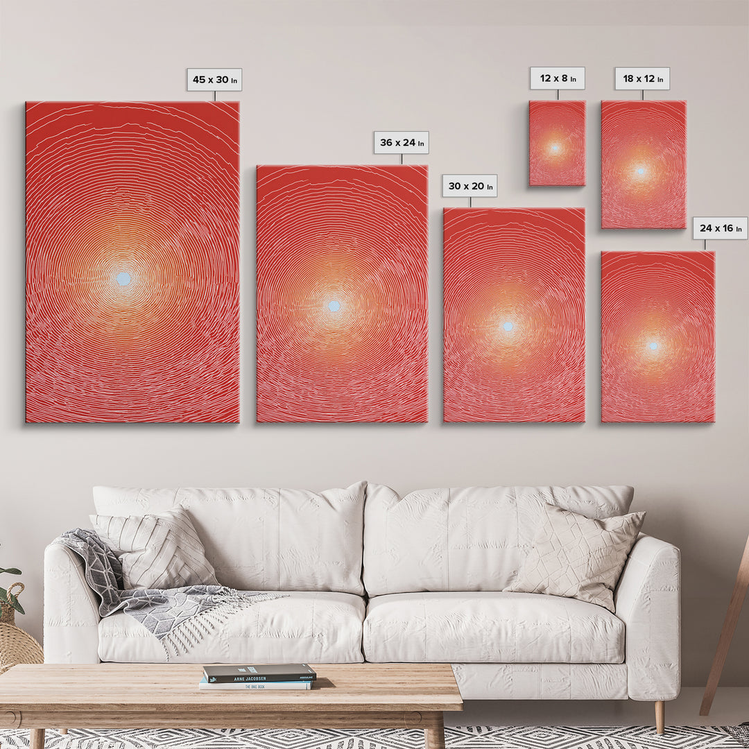 Radiant Red Concentric Sun Framed Canvas Print, Minimalist Wall Art, Modern Abstract Art, Retro Geometric Decor Poster Print