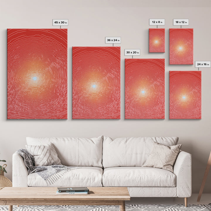 Radiant Red Concentric Sun Framed Canvas Print, Minimalist Wall Art, Modern Abstract Art, Retro Geometric Decor Poster Print