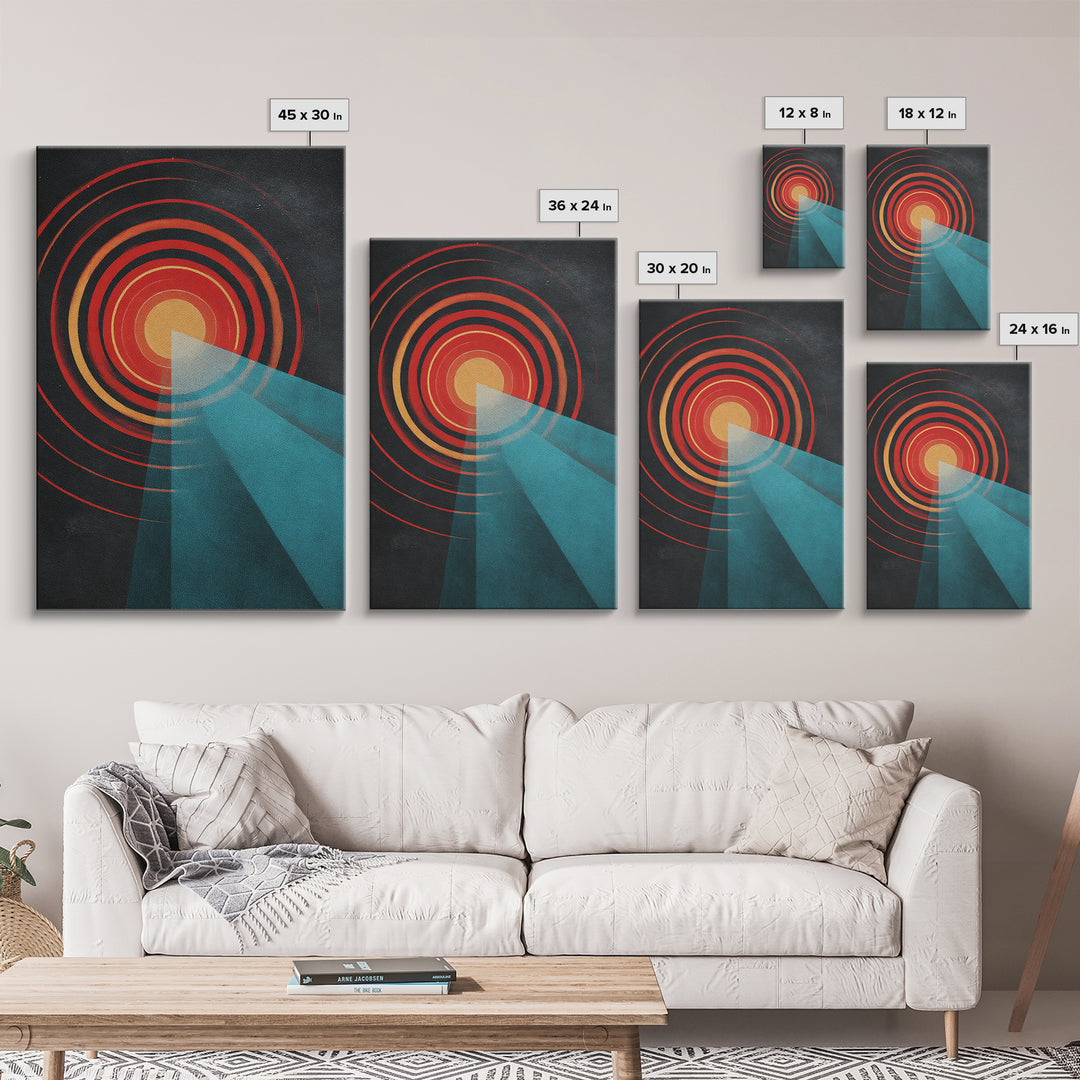 Red Target Sun With Blue Light Beams Wall Art, Modern Abstract Art, Retro Space Poster, Geometric Home Decor Print Gift Idea