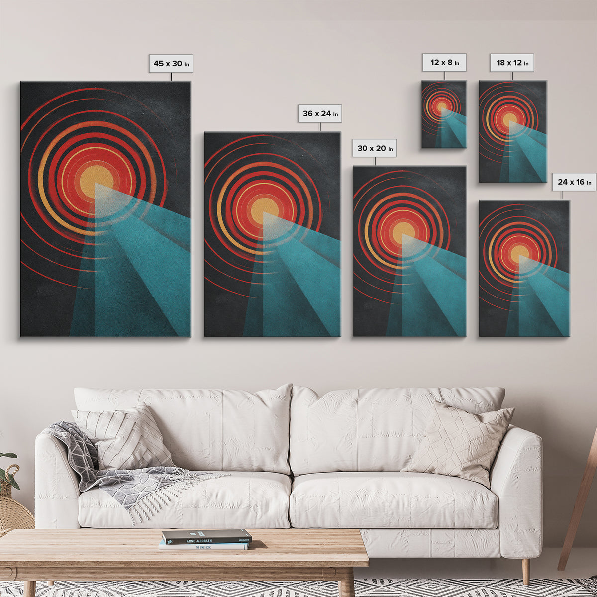 Red Target Sun With Blue Light Beams Wall Art, Modern Abstract Art, Retro Space Poster, Geometric Home Decor Print Gift Idea