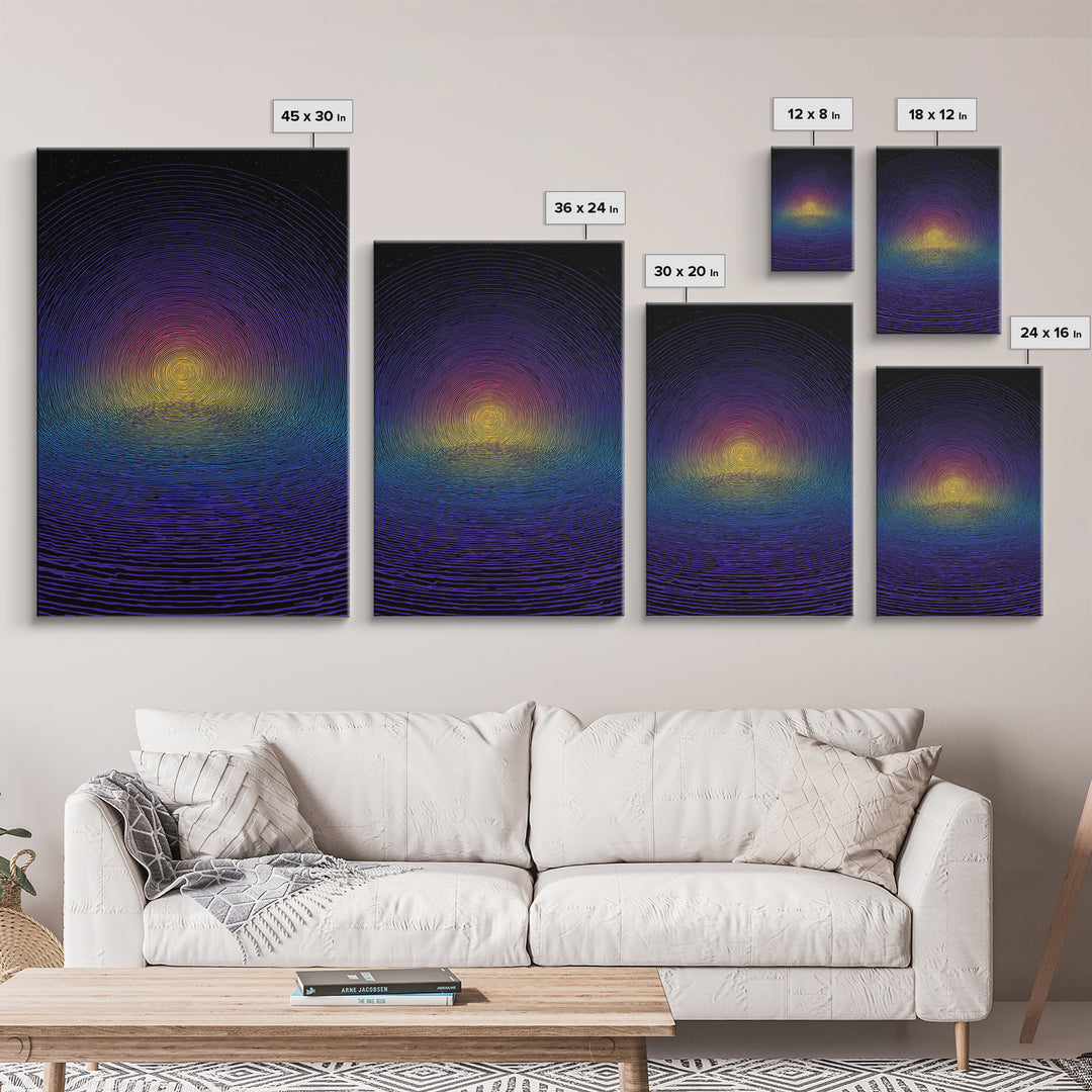 Blue Purple Ripple Sunset Canvas Print, Modern Abstract Wall Art, Retro Psychedelic Poster, Minimalist Home Decor Artwork