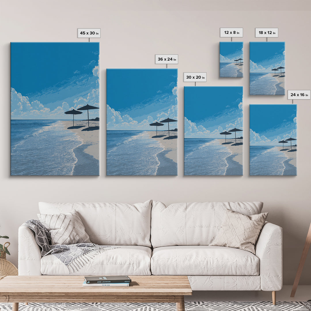 Sunny Blue Beach Umbrellas Canvas Print, Coastal Wall Art, Modern Travel Poster, Ocean View Decor, Serene Living Room Art